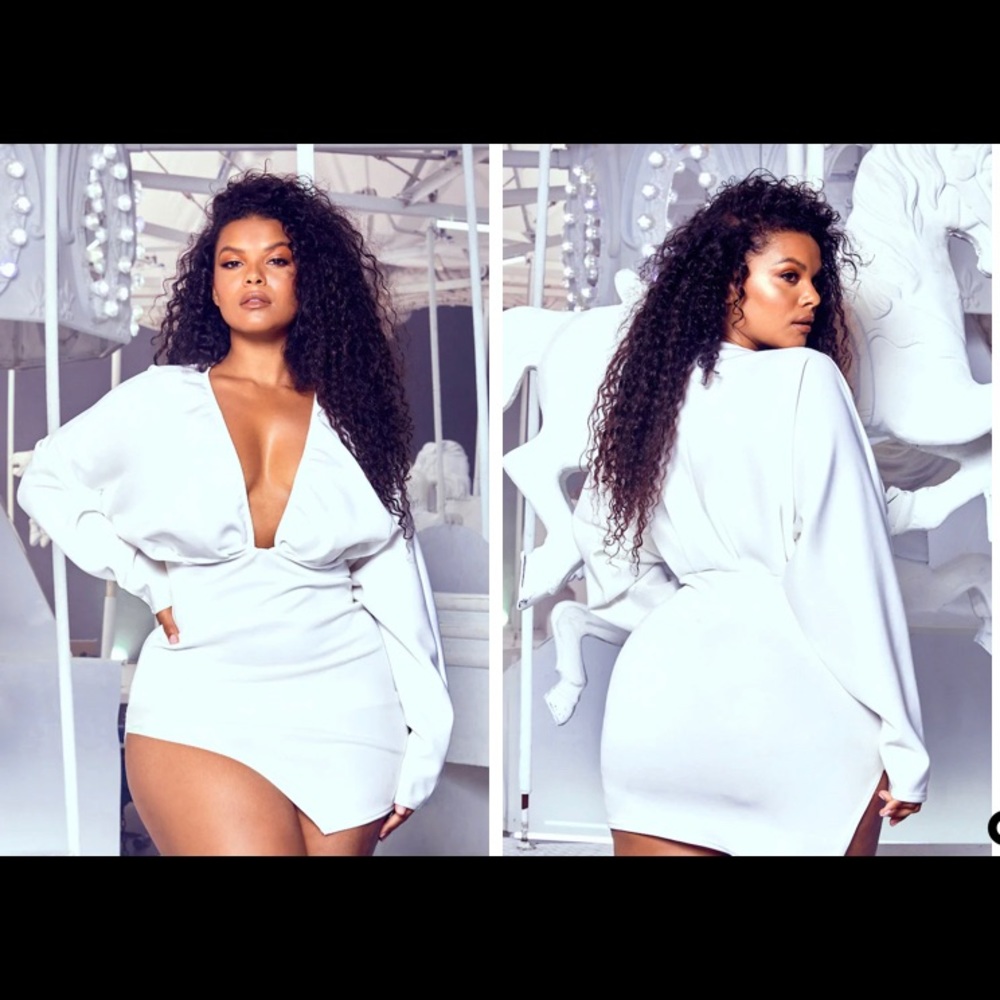 Plus White Pleated Balloon Sleeve Dress (New)